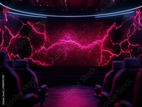 A Futuristic digital interface with vibrant pink lightning effects in dark room
