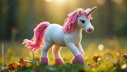 realistic highly detailed crochet of a unicorn with a nature background