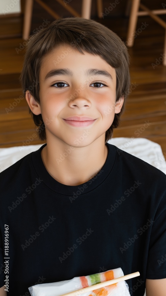 A cheerful Multiracial boy enjoys frozen food indoors, celebrating National Frozen Food Day