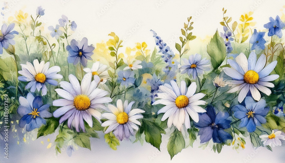 Fototapeta premium Floral seamless summer flowers garland with daisys background graphic resource