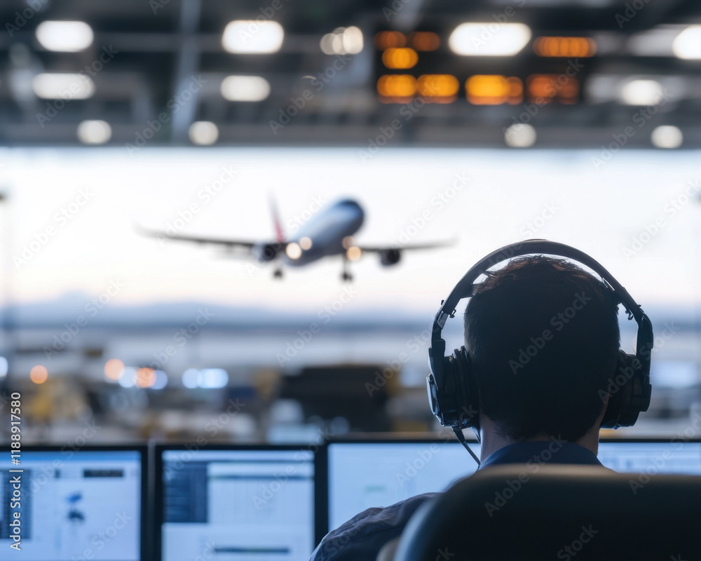 Air traffic controller monitoring flight operations at airport. scene captures focus and responsibility of ensuring safe takeoffs and landings Air traffic controller monitoring flight operations at airport. scene captures focus and responsibility of ensuring safe takeoffs and landings