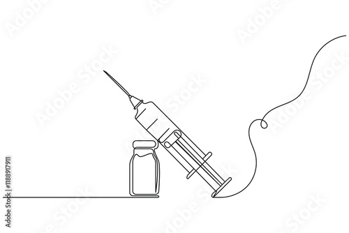 Vaccine and syringe continuous one line art drawing and vaccine icon simple vector illustration