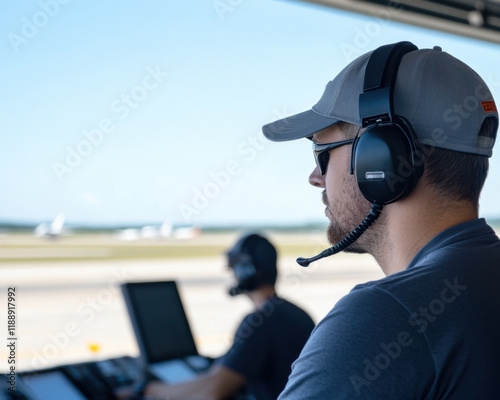 man wearing headset and sunglasses monitors air traffic from control tower. He is focused on ensuring safe navigation for aircraft on runway