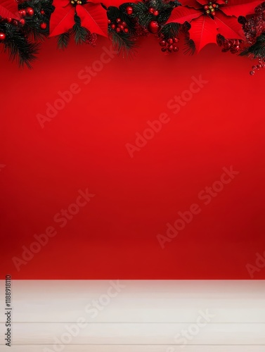 Red Christmas Wall with Poinsettia and Berry Garland - Festive red background with poinsettias, berries, and greenery. Symbolizes Christmas cheer, holiday spirit, winter warmth, festive decoration, an photo