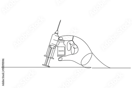 Vaccine and syringe continuous one line art drawing and vaccine icon simple vector illustration