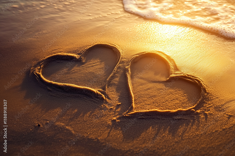 Obraz premium Intertwined Hearts in Sand on Exotic Beach, Sunlit Warm Hues, Romantic Seaside Illustration.