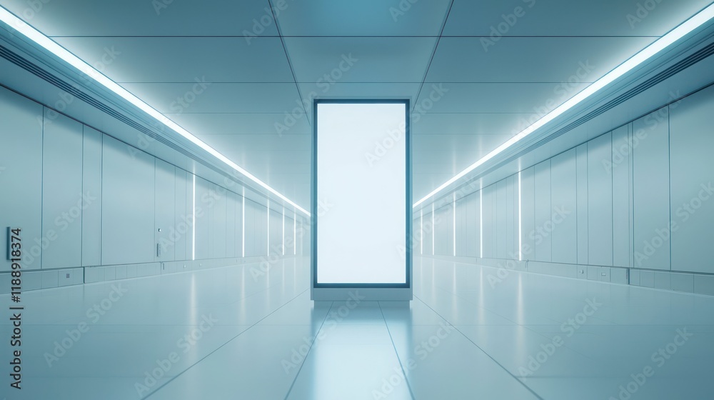 Fototapeta premium Vertical billboard mockup in white airport space, light blue palette.