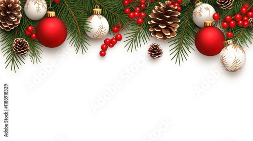 Merry Christmas Festive Holiday Decorations with Red and White Ornaments, Pine Cones, and Berries