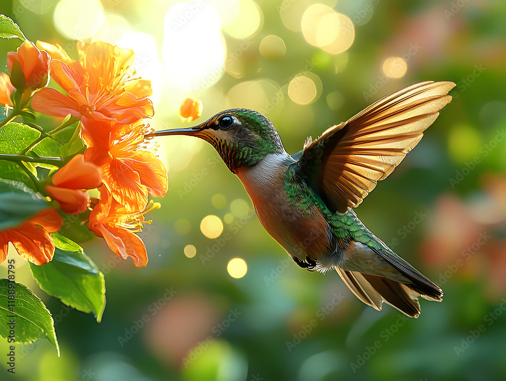 Fototapeta premium A dramatic shot of a hummingbird hovering near a vibrant red flower
