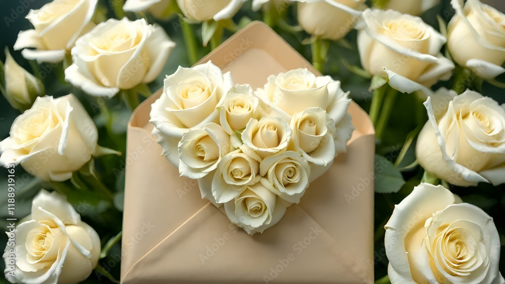 A beautiful arrangement of white roses in a heart shape atop an envelope, perfect for romantic gestures.
