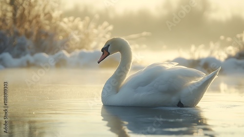 Peaceful swan enjoying serene lake at dawn.