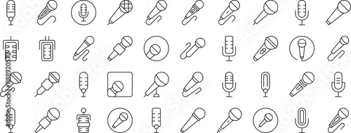 Microphone Bundle of Related Line Icons. Outline Signs for Graphic and Web Design, Apps, Adverts, Various Cards
