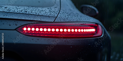 Rain-covered car's taillight glows red, a vibrant contrast against the dark, wet surface.  Modern automotive design detail.