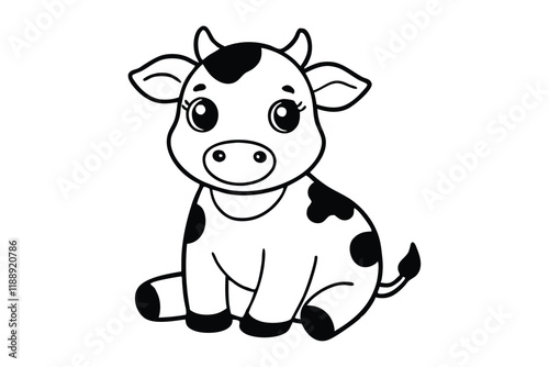 Line art design of an adorable cartoon baby cow with small spots.eps