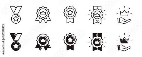 star and crown badge award icon line set success achievement award medal signs vector outline illustration
