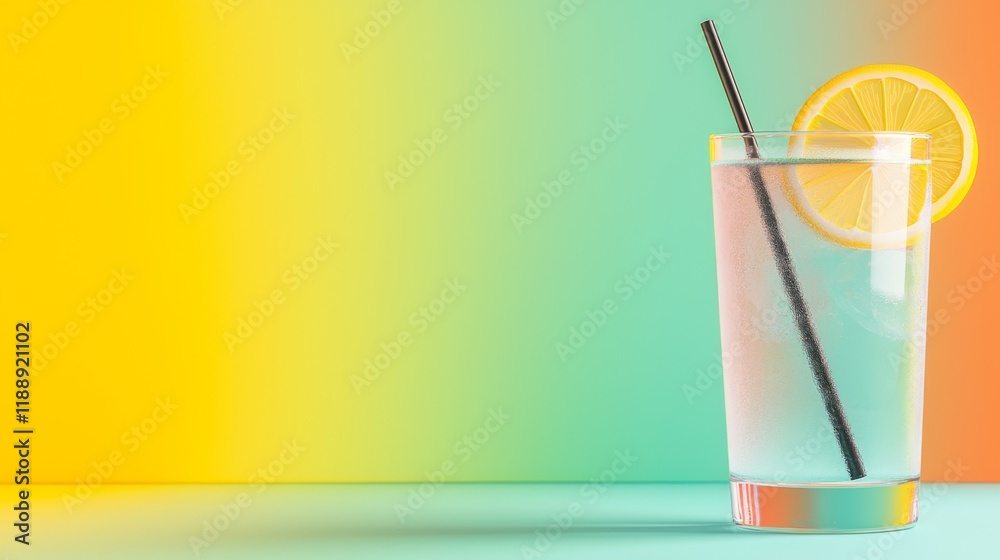 A refreshing glass of lemonade garnished with a lemon slice, set against a vibrant gradient background of yellow and green hues. A refreshing glass of lemonade garnished with a lemon slice, set against a vibrant gradient background of yellow and green hues.