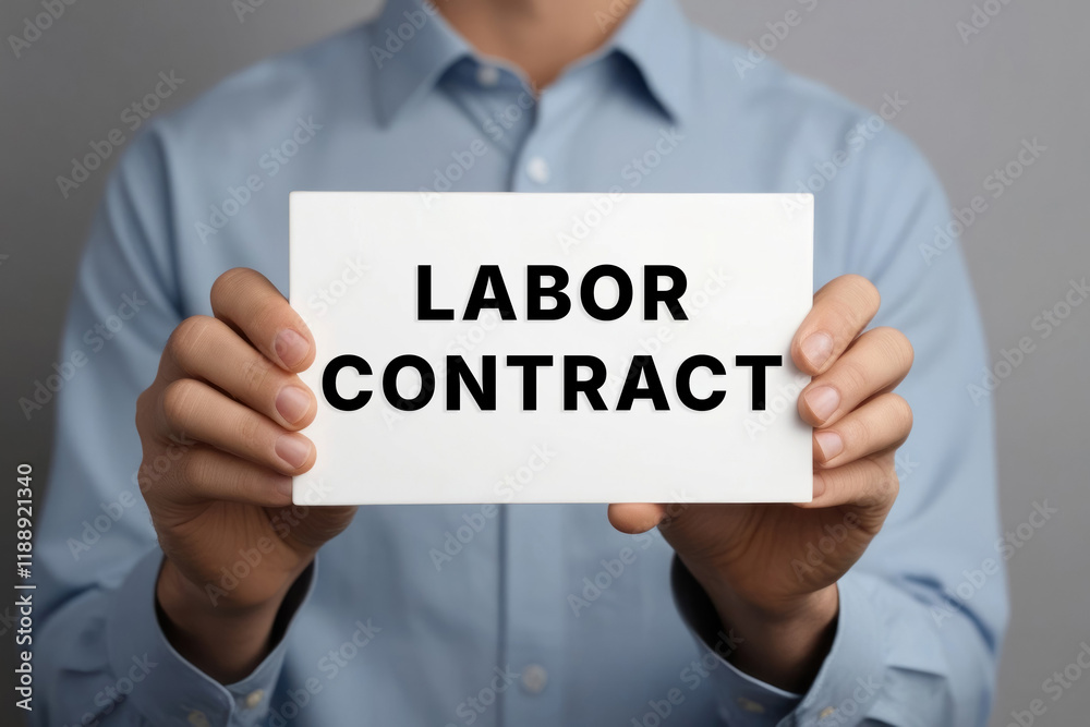 labor contract text words phrase on a sign in the hands of a worker labor contract text words phrase on a sign in the hands of a worker
