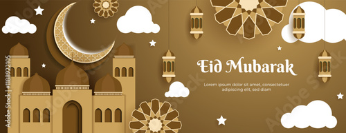 islamic background paper cut design with brown and white color. great for ramadan kareem banner, eid mubarak card, muharram and other islamic event.