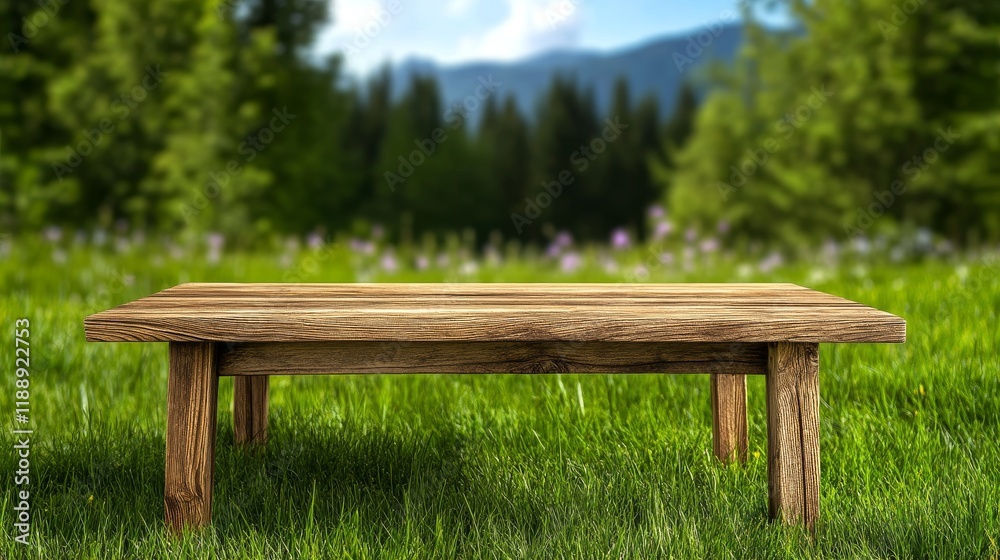 Spring Meadow Wooden Tabletop - Rustic wooden table in a vibrant spring meadow, symbolizing nature, serenity, freshness, growth, and tranquility. Spring Meadow Wooden Tabletop - Rustic wooden table in a vibrant spring meadow, symbolizing nature, serenity, freshness, growth, and tranquility.
