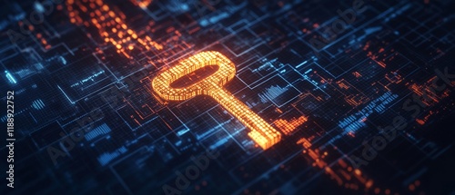 A glowing golden key unlocking digital world filled with data streams