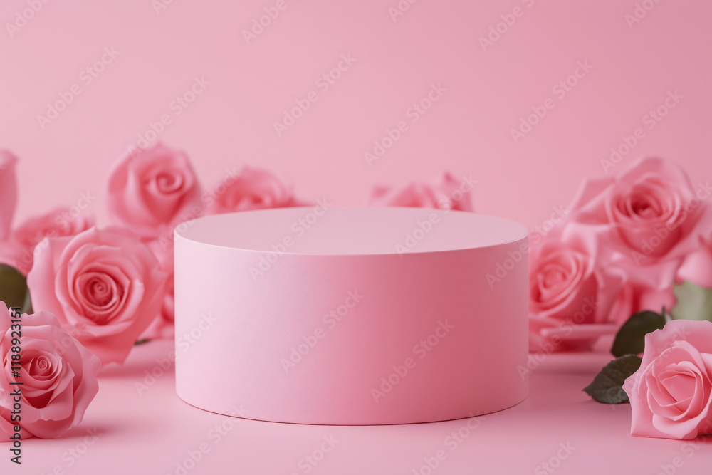 A pink podium for product showcasing on a pink background surrounded by roses arrangement A pink podium for product showcasing on a pink background surrounded by roses arrangement