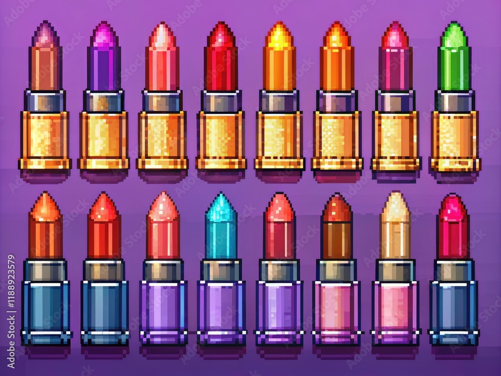 Retro makeup cosmetics game assets: panoramic high-resolution pixel art lipstick design. Retro makeup cosmetics game assets: panoramic high-resolution pixel art lipstick design.