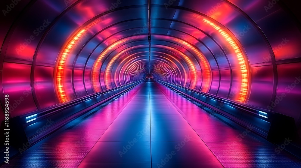 Neon Lit Moving Walkway Tunnel A Futuristic Scene Neon Lit Moving Walkway Tunnel A Futuristic Scene