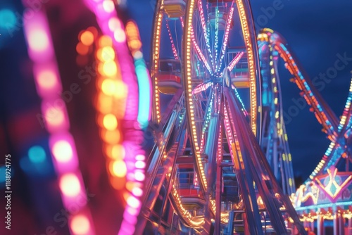 Illuminated Ferris Wheel and Amusement Park Rides at Night