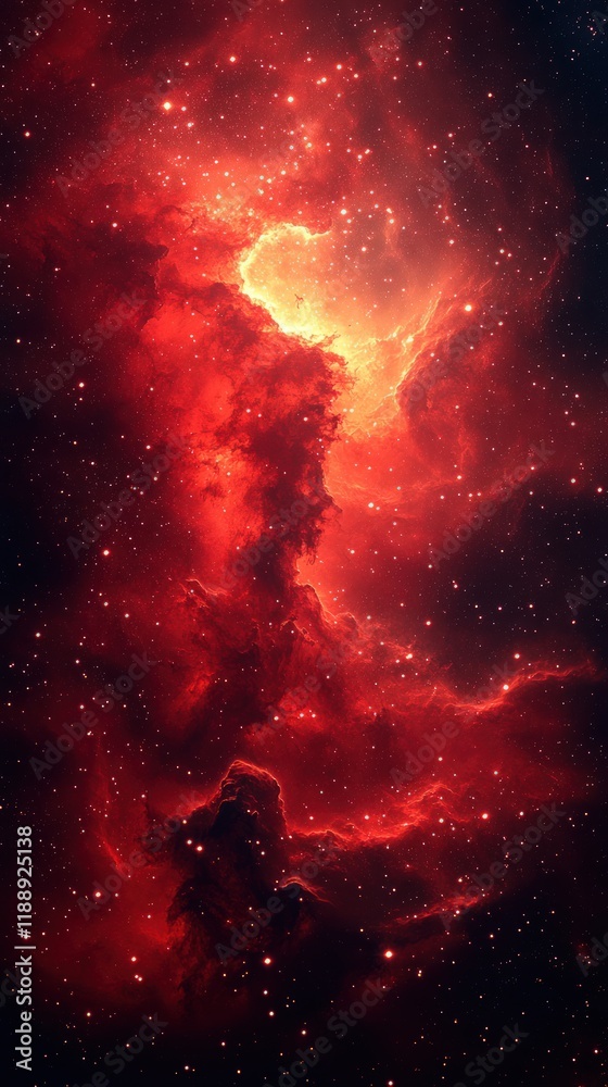 Obraz premium Fiery red nebula in outer space with bright stars.