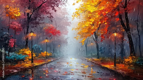 Rainy autumn alley with colorful trees, streetlights, and wet pavement.