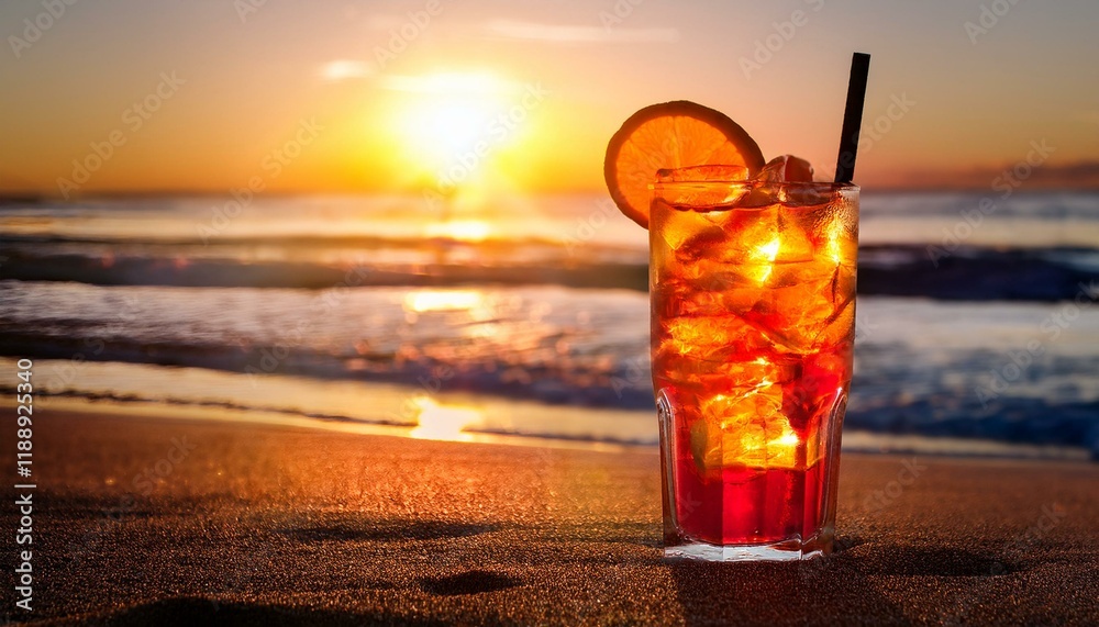 iced cocktail on beach at sunset iced cocktail on beach at sunset