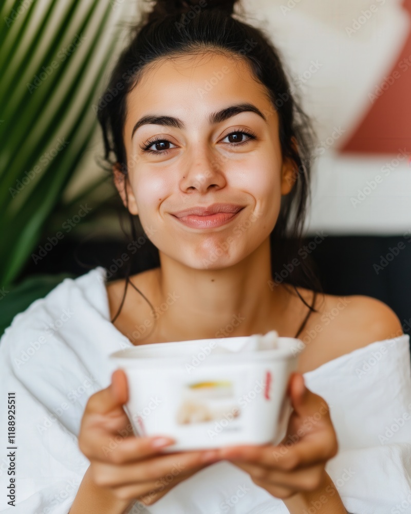 Joyful East Asian woman holds a bowl of frozen food, smiling brightly in a relaxed indoor setting Joyful East Asian woman holds a bowl of frozen food, smiling brightly in a relaxed indoor setting