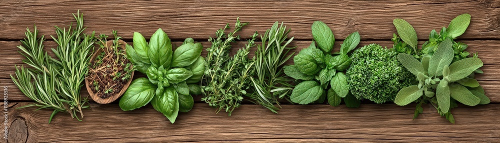 Fresh and Aromatic Herbs Lying on a Rustic Wooden Table Ready for Culinary Use
