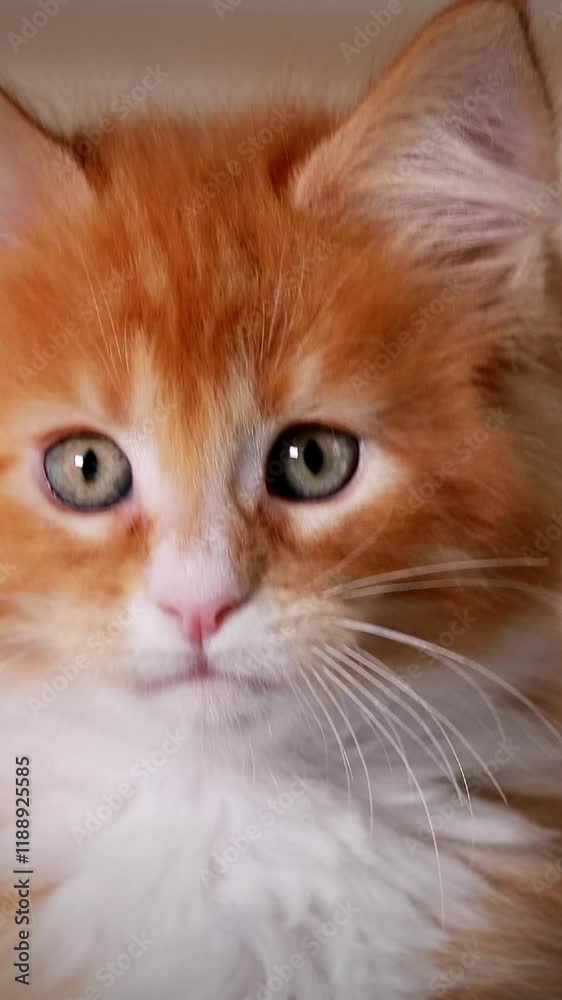 Funny Curious Young Red And White Maine Coon Kitten Cat Resting At Home. Maine Shag at Home. Amazing Pets Pet. Close Up Face. Funny Curious Young Red And White Maine Coon Kitten Cat Resting At Home. Maine Shag at Home. Amazing Pets Pet. Close Up Face.