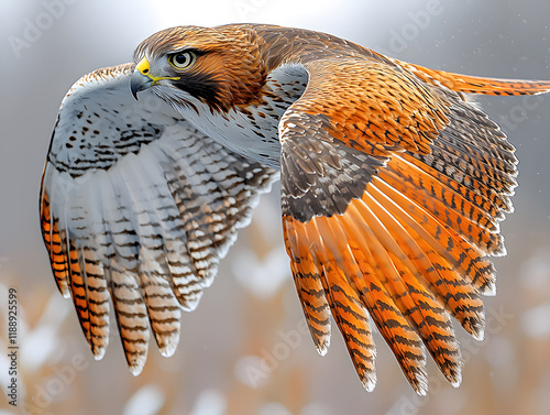 
A vibrant close-up of a hawk in mid-flight