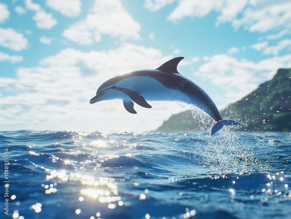 Fototapeta premium A playful dolphin leaps gracefully out of the sparkling ocean waters under a bright blue sky, with lush green hills in the background, showcasing the beauty of marine life