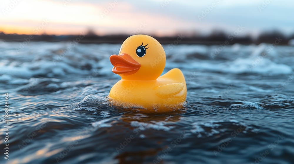 Playful Yellow Rubber Duck on Choppy Waters, Cloudy Sky, Toy Photography, Whimsical Stock Image Playful Yellow Rubber Duck on Choppy Waters, Cloudy Sky, Toy Photography, Whimsical Stock Image