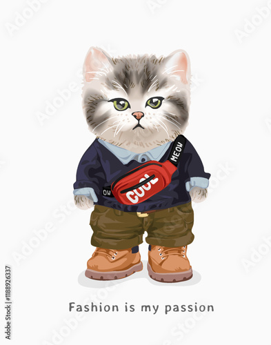 fashion slogan with cute kitten in fashion style and chest bag vector illustration