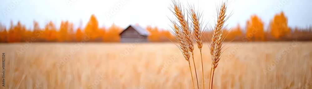 Tranquil Autumn Landscape with Wheat Stalks and a Rustic Barn Surrounded by Golden Foliage Tranquil Autumn Landscape with Wheat Stalks and a Rustic Barn Surrounded by Golden Foliage