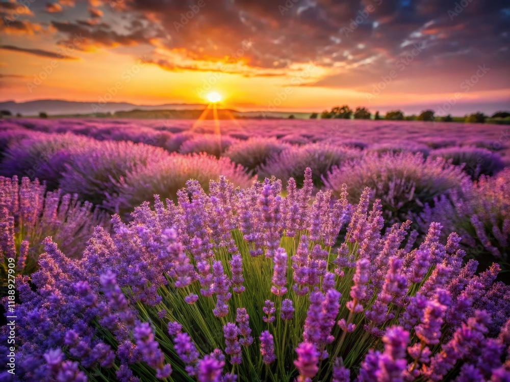 Naklejka premium Summer sunset paints a lavender field in violet hues; fragrant blooms seen from above.