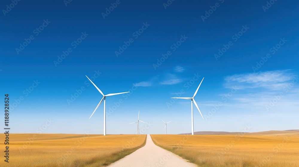 Rural road stretches across golden field with wind turbines in clear blue sky. Eco-friendly tech creates renewable energy. Calmness, sustainable energy sources highlighted. Beautiful scenery of Rural road stretches across golden field with wind turbines in clear blue sky. Eco-friendly tech creates renewable energy. Calmness, sustainable energy sources highlighted. Beautiful scenery of