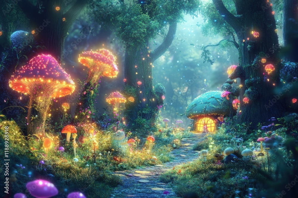 Obraz premium Enchanting Luminous Mushroom Forest House Scene