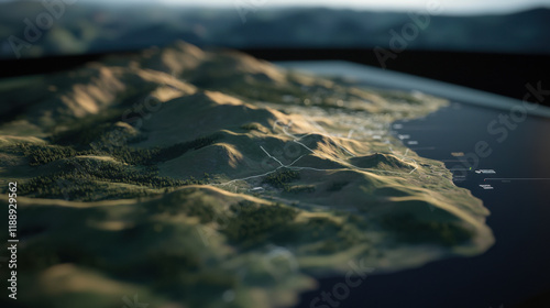 detailed topographic model showcasing rolling hills and coastal features, highlighting natural landscape with lush greenery and water
