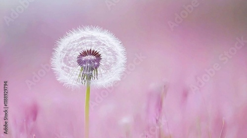 Macro photography of a blooming dandelion with seeds ready to disperse in dreamy pink and blue light