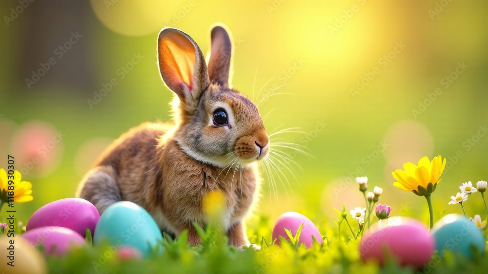 Fototapeta premium Cute easter bunny sitting on green grass with colorful Easter eggs