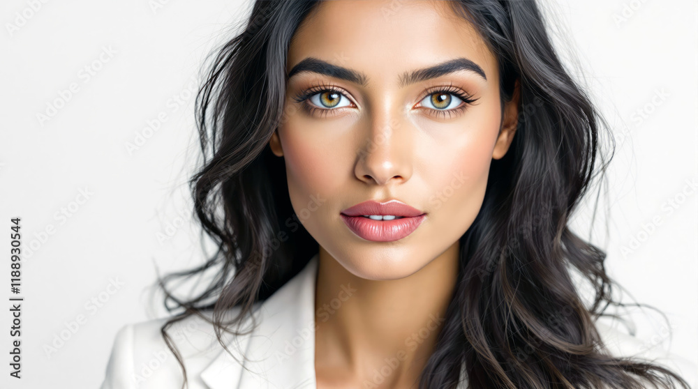 Fototapeta premium Portrait of Indian woman with long dark hair and subtle makeup directly camera is wearing white blazer