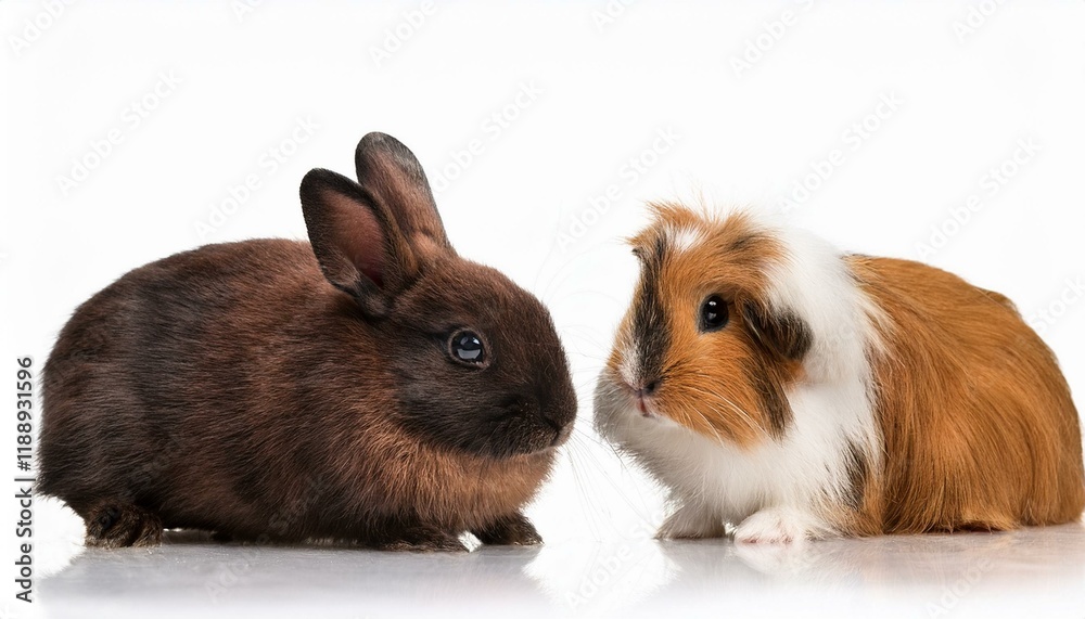 Fototapeta premium little dwarf rabbit with guinea pig remoted on white