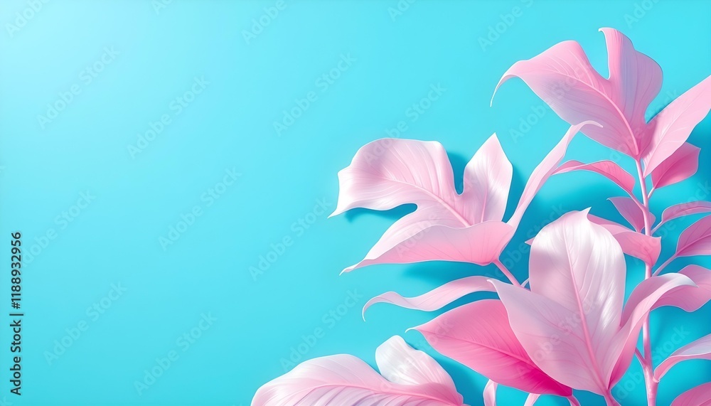 Fototapeta premium Tropical and palm leaves in vibrant bold gradient holographic neon colors. Concept art. Minimal surrealism summer background. Vibrant tropical leaves in holographic colors with surreal concept