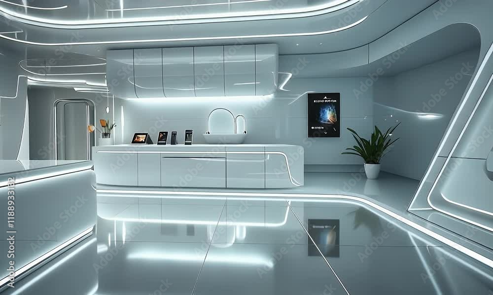 Futuristic kitchen, spaceship interior, glowing, modern, design
