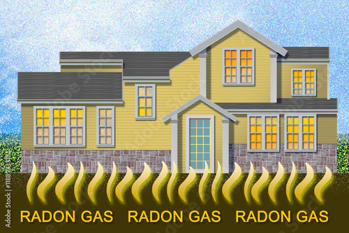 THE DANGER OF RADON GAS IN OUR HOMES - Concept with radon gas coming out of the ground and American style residential home